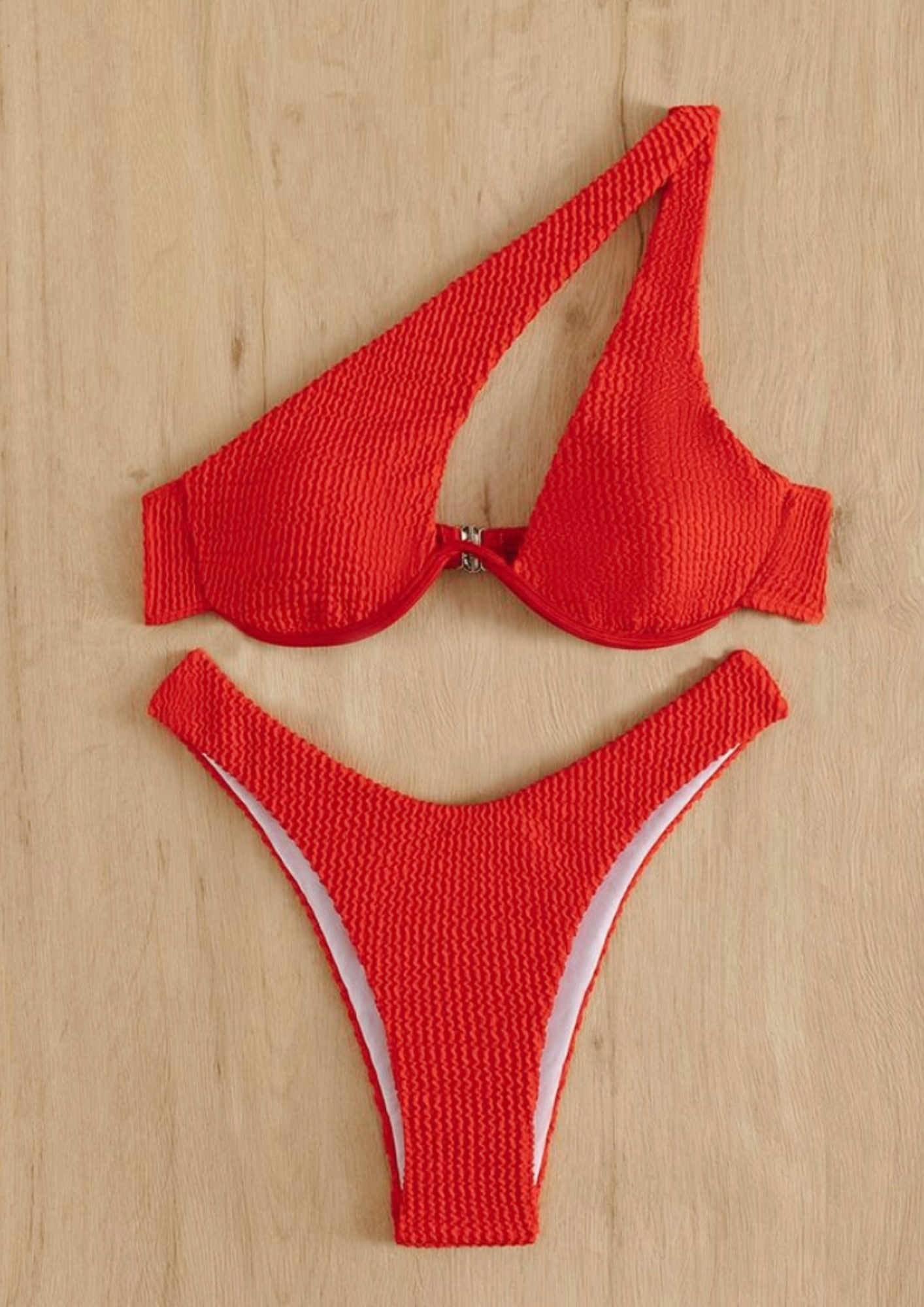 Red Textured One Shoulder Underwire Bikini