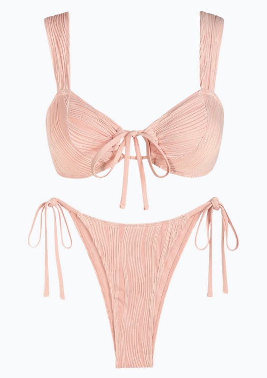 Textured Cinched Tie Straps  Bikini Set