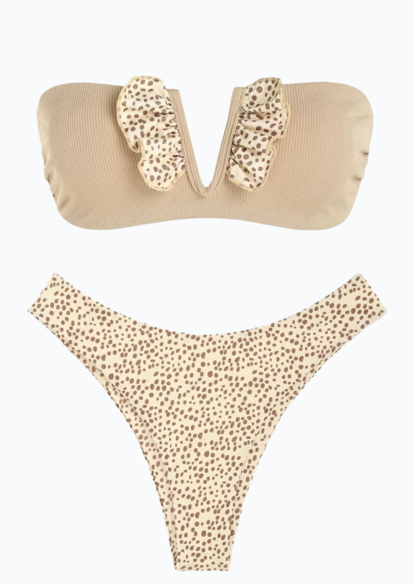 Ribbed V-wire Frilled Animal Print Bikini Set