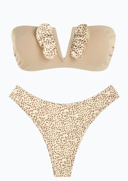 Ribbed V-wire Frilled Animal Print Bikini Set