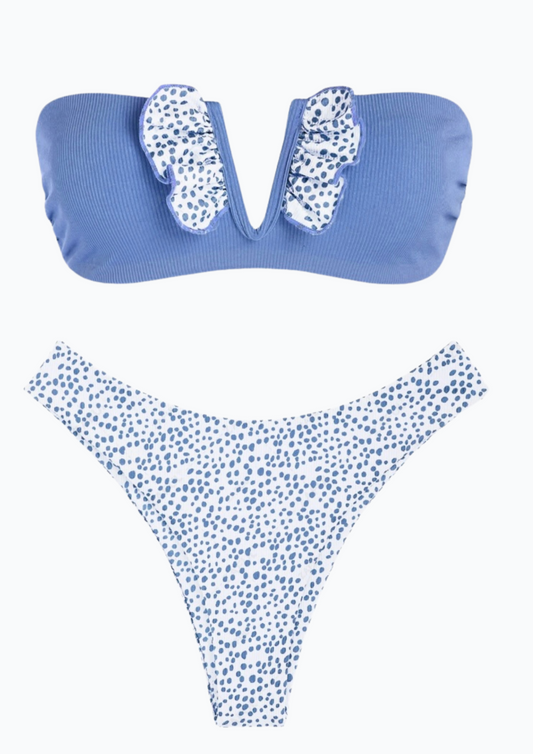 Ribbed V-wire Frilled Animal Print Bikini Set